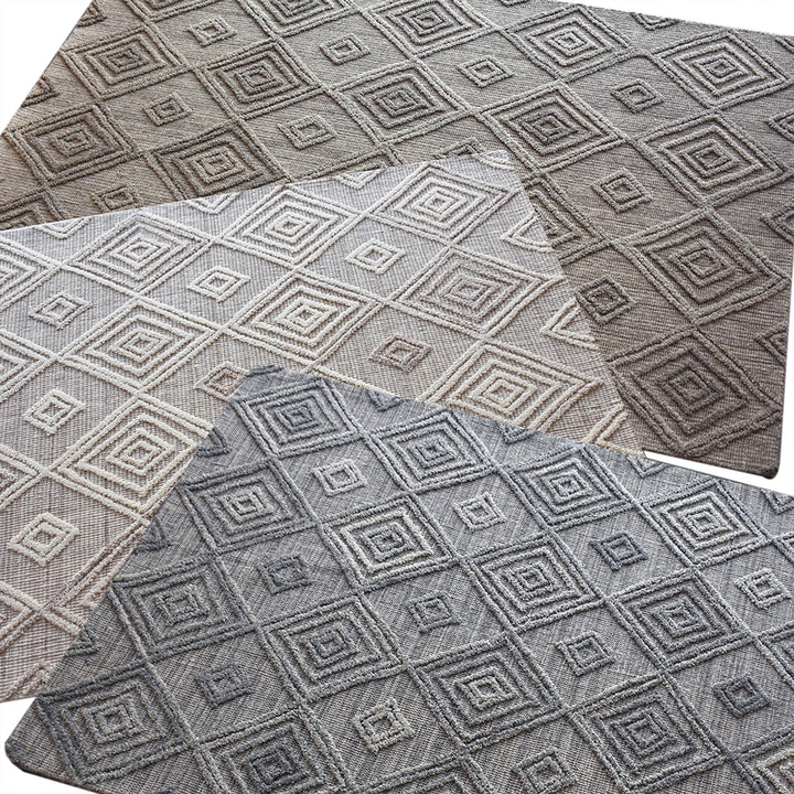 Jaali handwoven oatmeal wool rug with raised ivory diamond lattice, in a living room