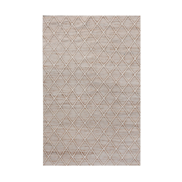 Chik handwoven wool and jute rug with a carved diamond lattice in ivory and natural, in a living room