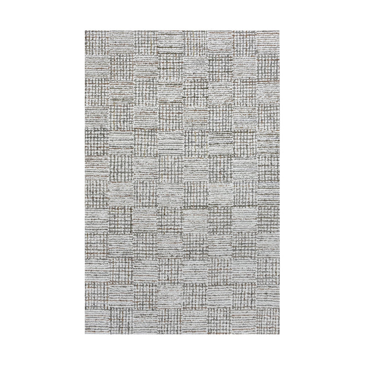 Tweed hand-tufted denim and cotton rug with fine grey and ivory check, in a bedroom