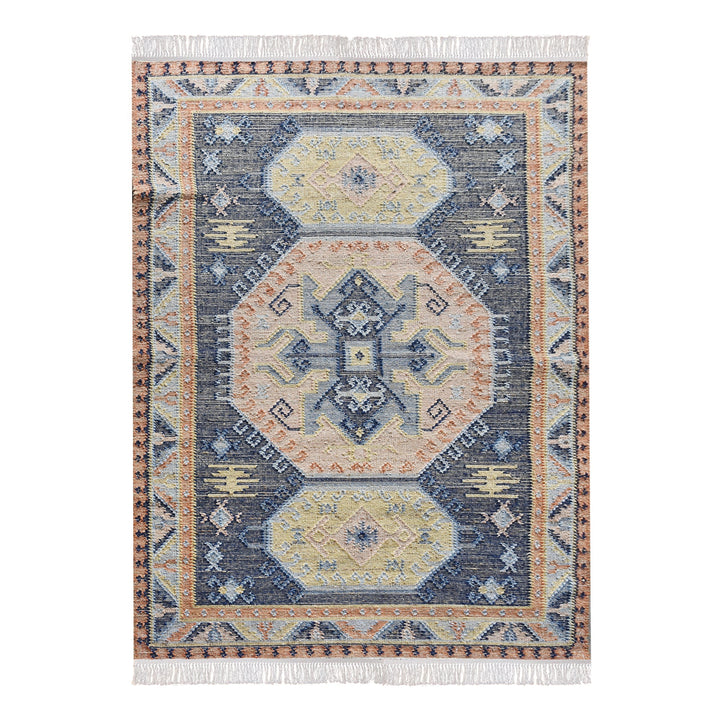 Harbour flatweave navy wool and hemp kilim rug with gold and rust medallions, in an entryway