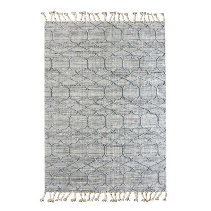 Bel handwoven wool and viscose rug with grey trellis lines on light grey, in a living room