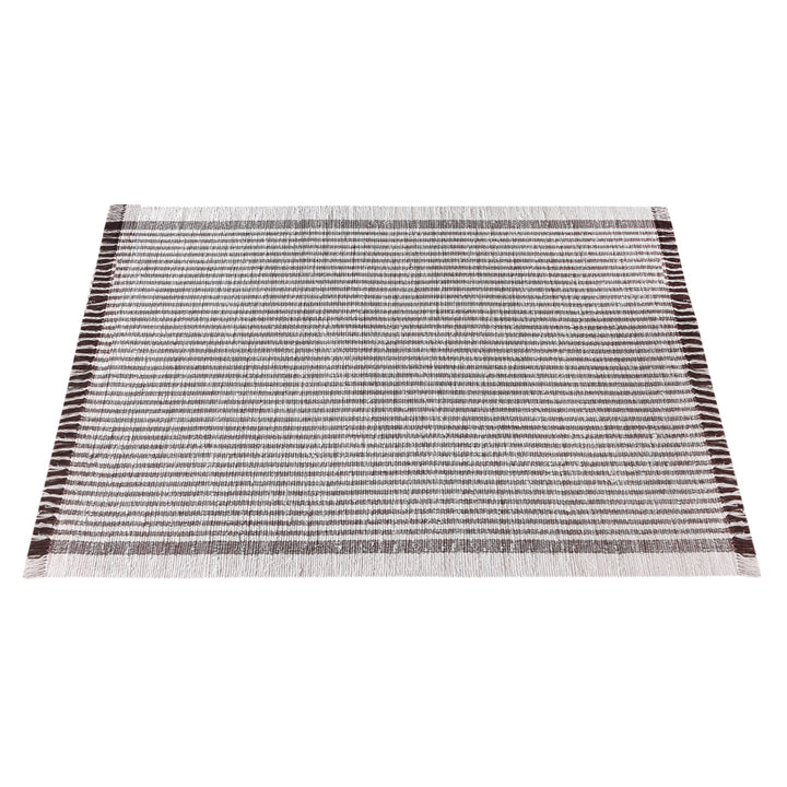 Dari handwoven recycled denim and cotton flatweave rug with fine ivory and taupe stripes and fringed ends