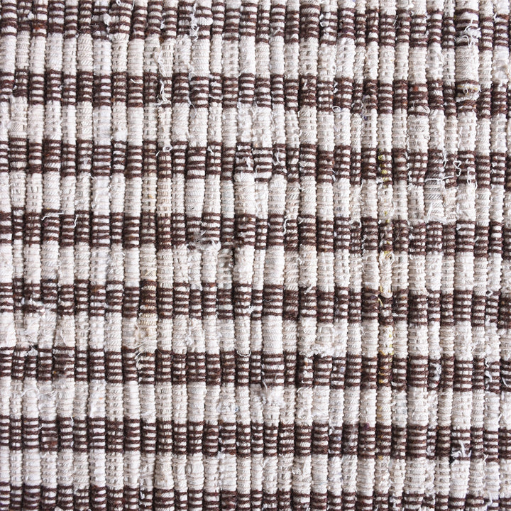 Dari handwoven recycled denim and cotton flatweave rug with fine ivory and taupe stripes and fringed ends