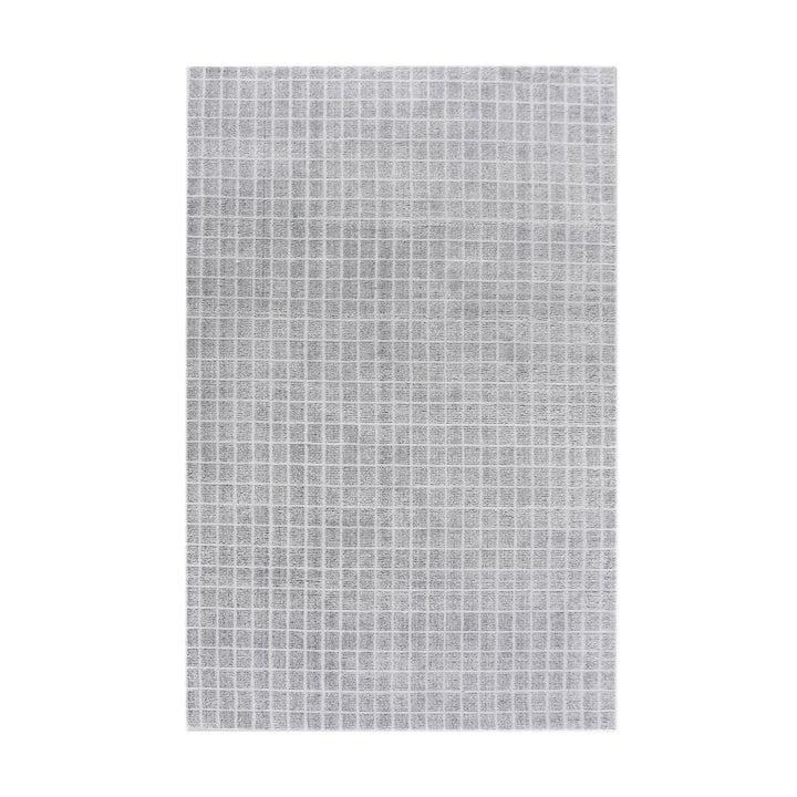 Baramda hand-loomed recycled PET rug with fine white grid lines on pale grey, on a verandah