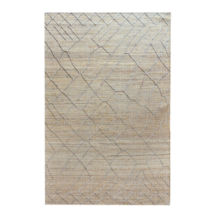 Trellis handwoven hemp and wool rug with fine diamond lattice on natural, in a living room