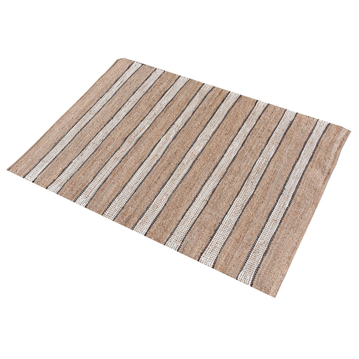 Hessian handwoven hemp and leather rug with ivory stripes on tan, in a dining room