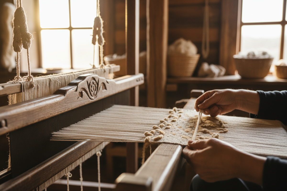 Close-up of an artisan's hands hand-knotting a wool rug, showing the density of the knots