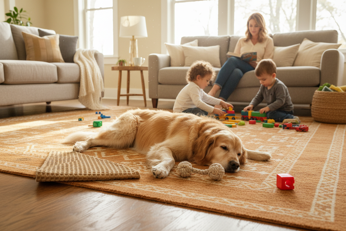 Durable wool rug in a family living room with children and a pet on it