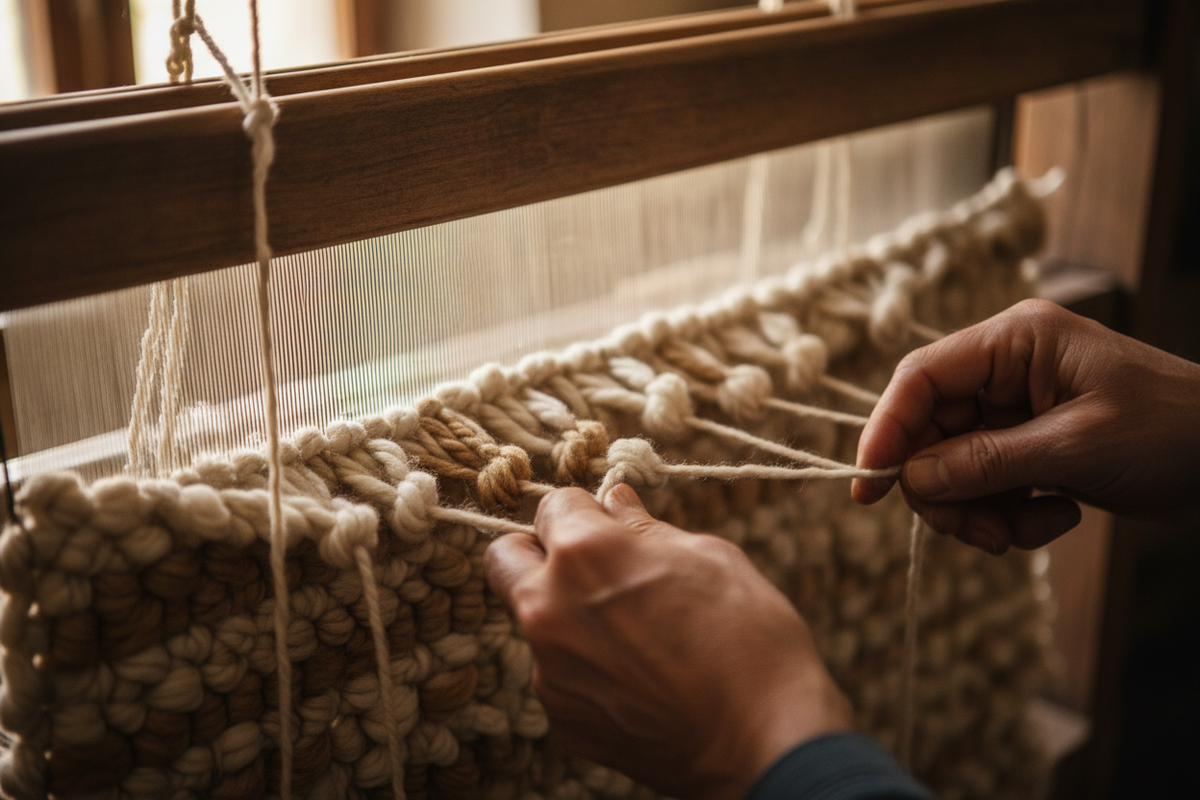 Artisan hand-knotting a rug on a traditional loom, tying individual knots row by row
