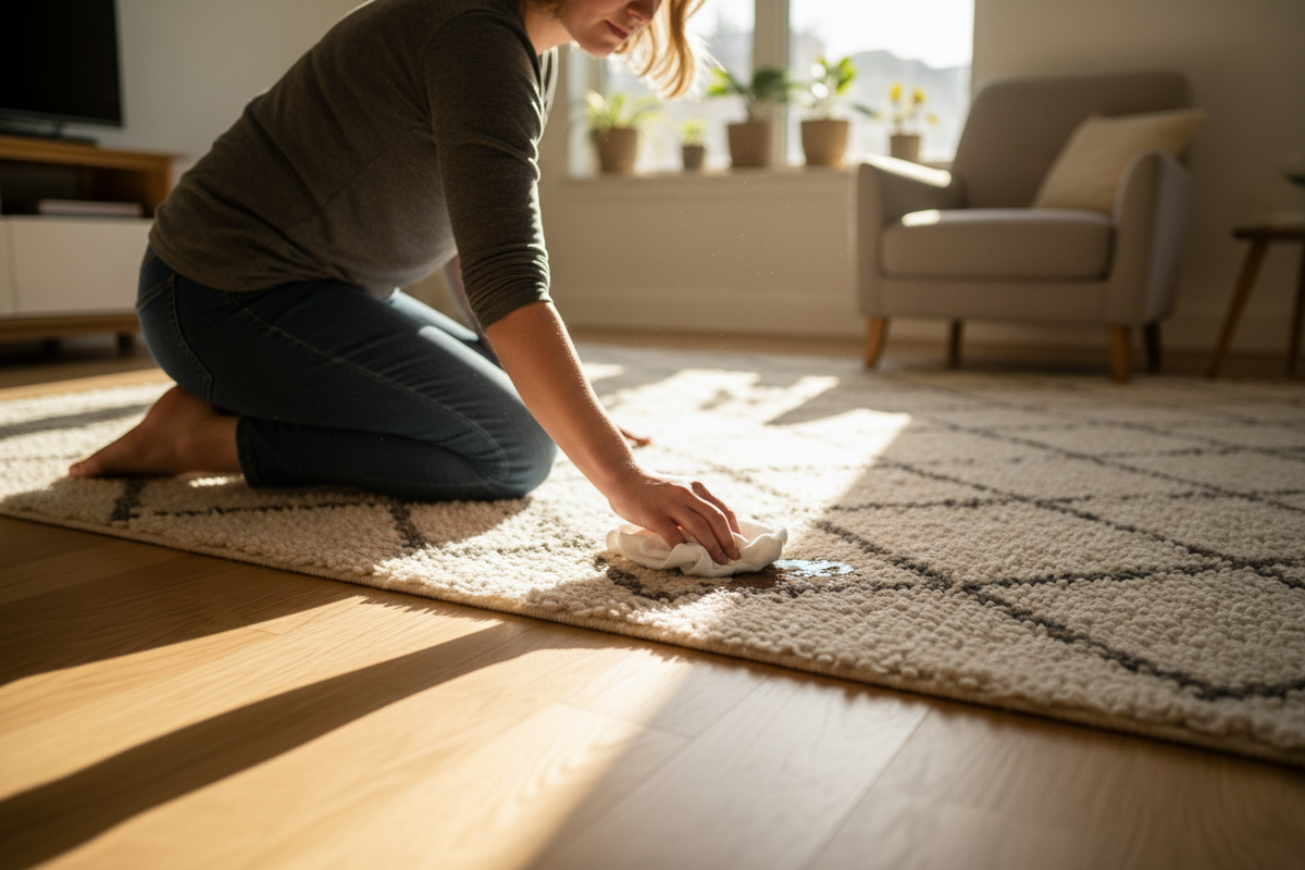 Vacuuming a natural-fibre wool rug to demonstrate proper rug care