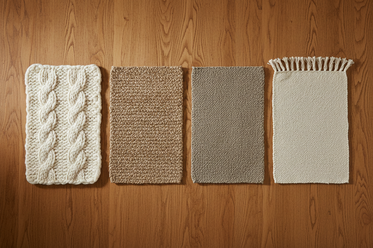 Swatches of wool, jute, hemp and cotton natural-fibre rug materials side by side