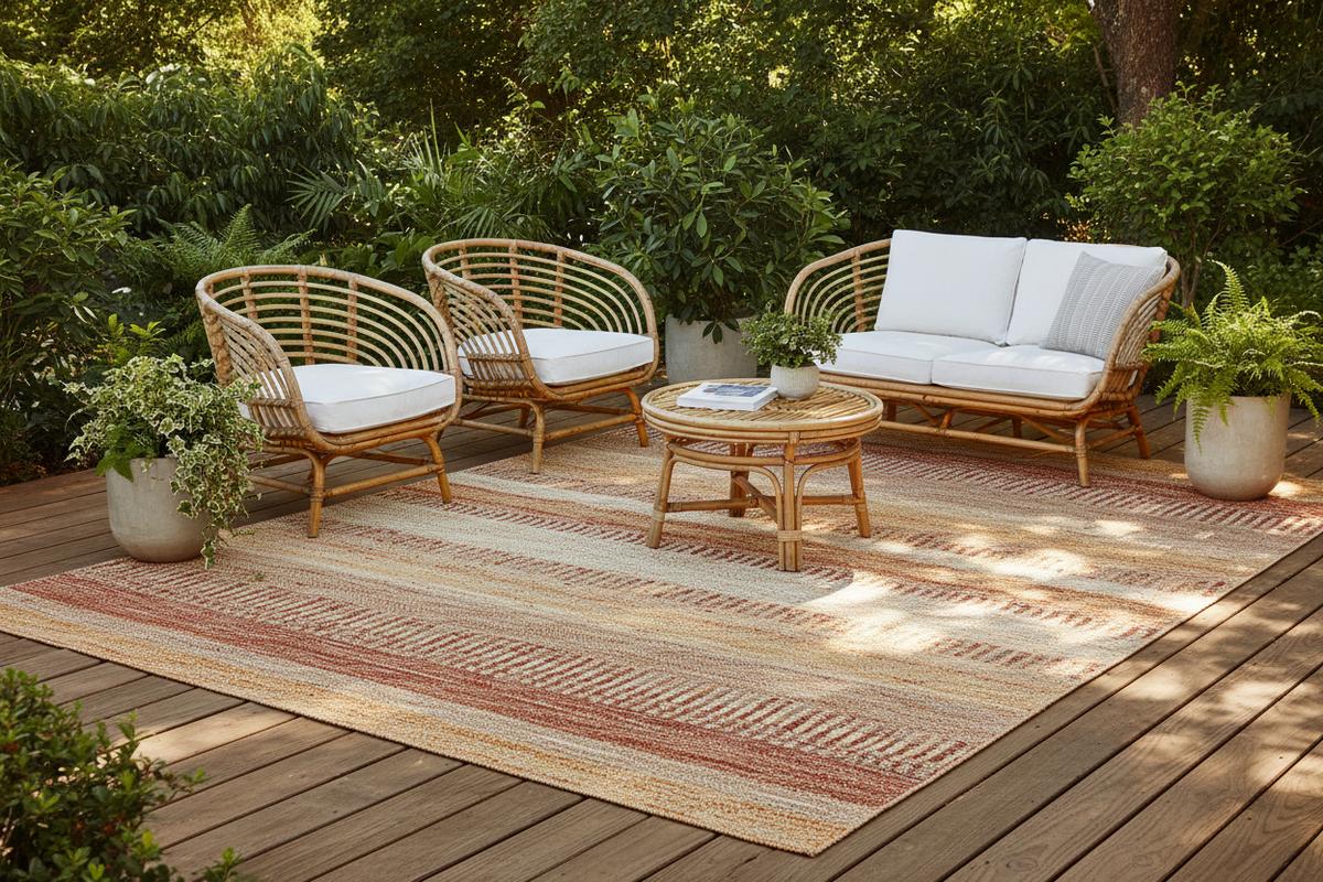 Weather-resistant outdoor rug styled on a patio beneath outdoor furniture