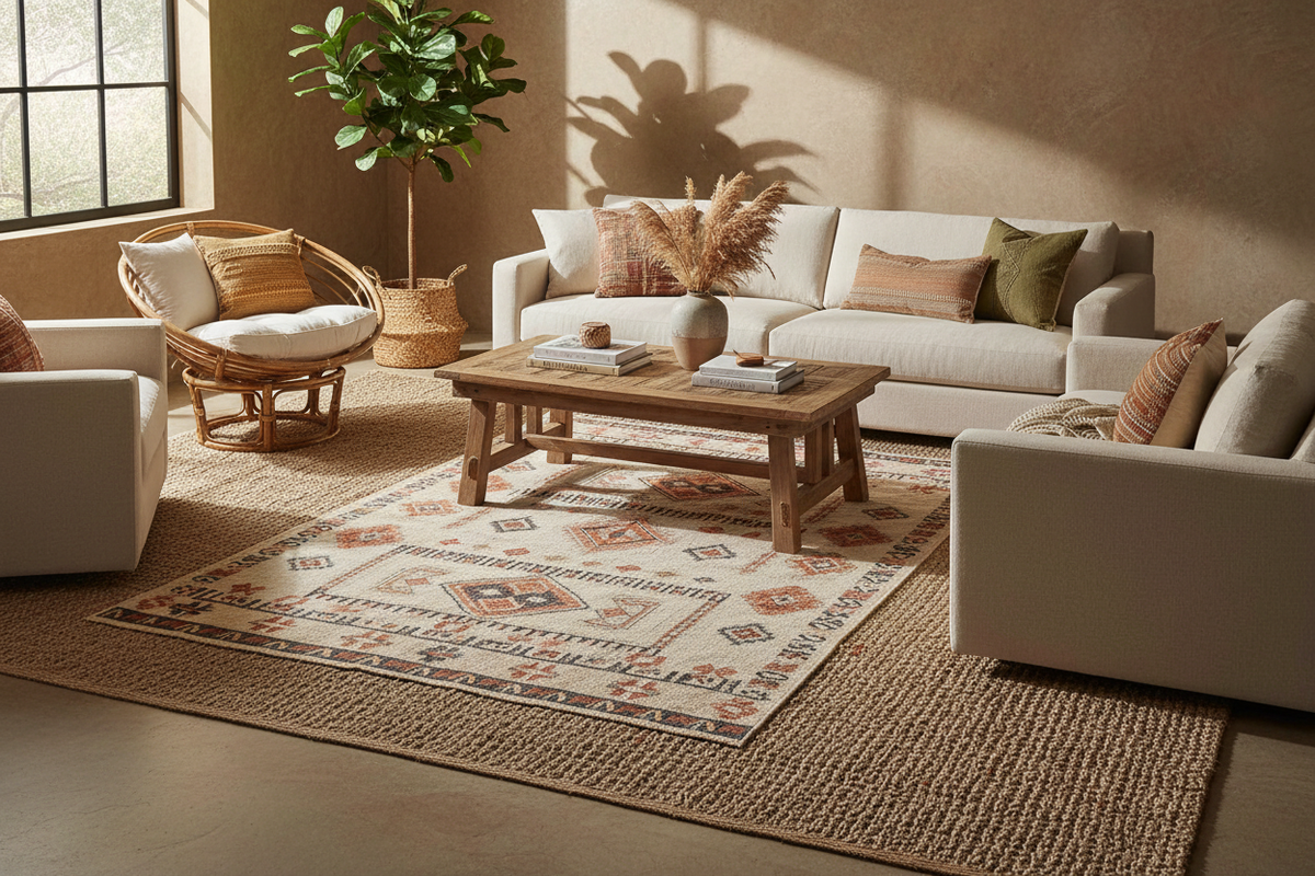 Two layered rugs in a living room, a patterned rug on top of a natural jute base