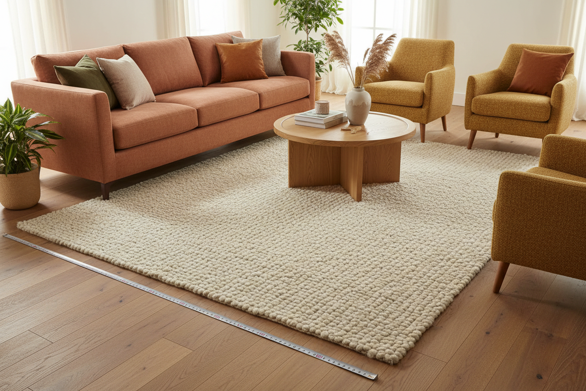 Room-by-room rug size guide showing correctly sized rugs under furniture in a living room, bedroom and dining room