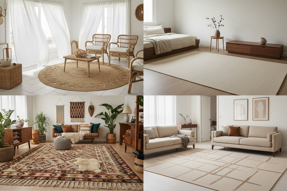 Four interior styles — coastal, Japandi, boho and modern — each shown with a matching handmade rug