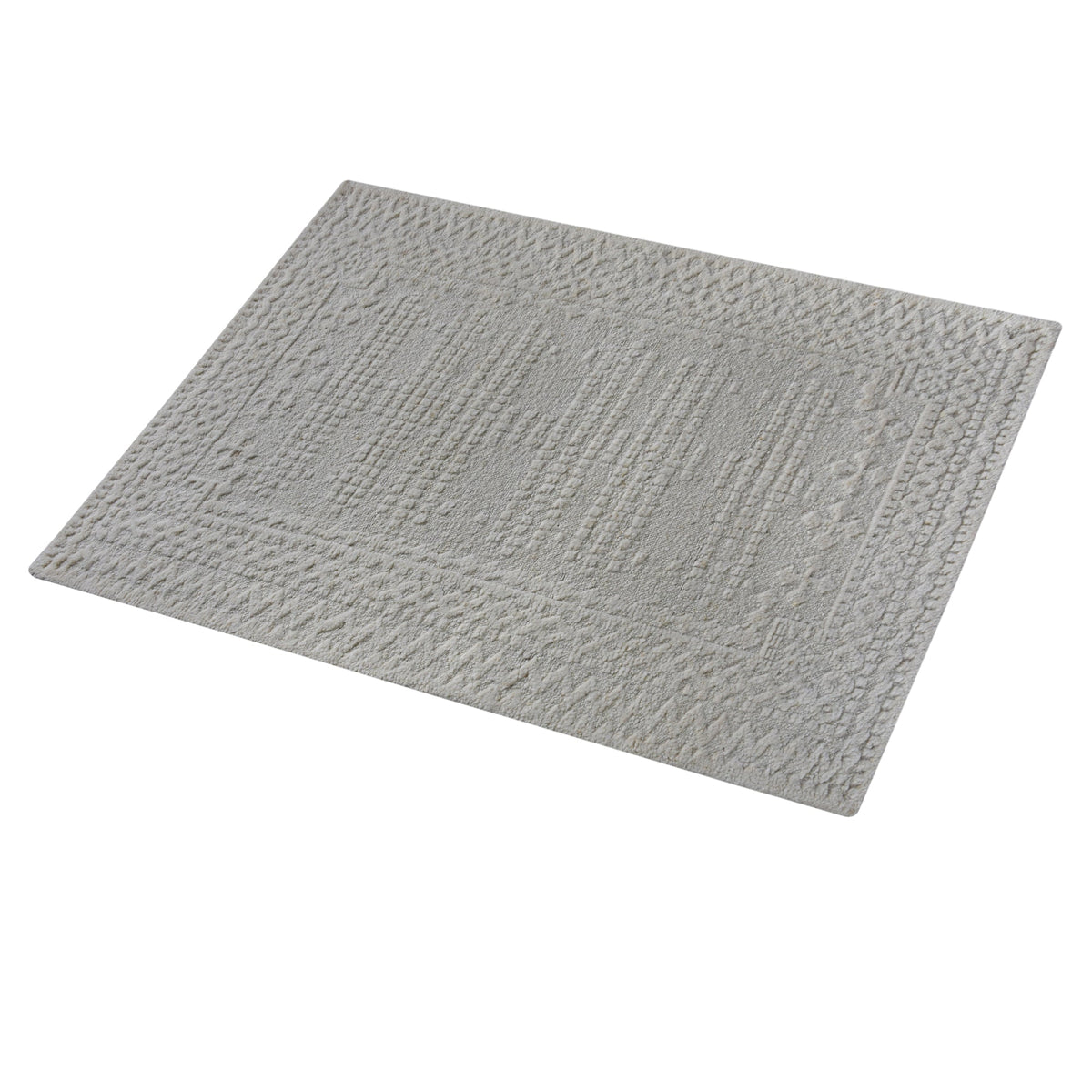 Chowk hand-knotted NZ wool rug in dove grey with a tone-on-tone raised grid and border, under a dining table