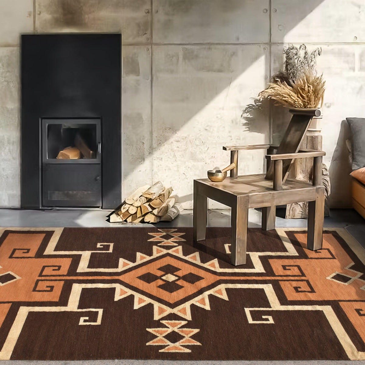 Ember flatweave New Zealand wool rug with rust and cream Southwestern diamonds, in an entryway
