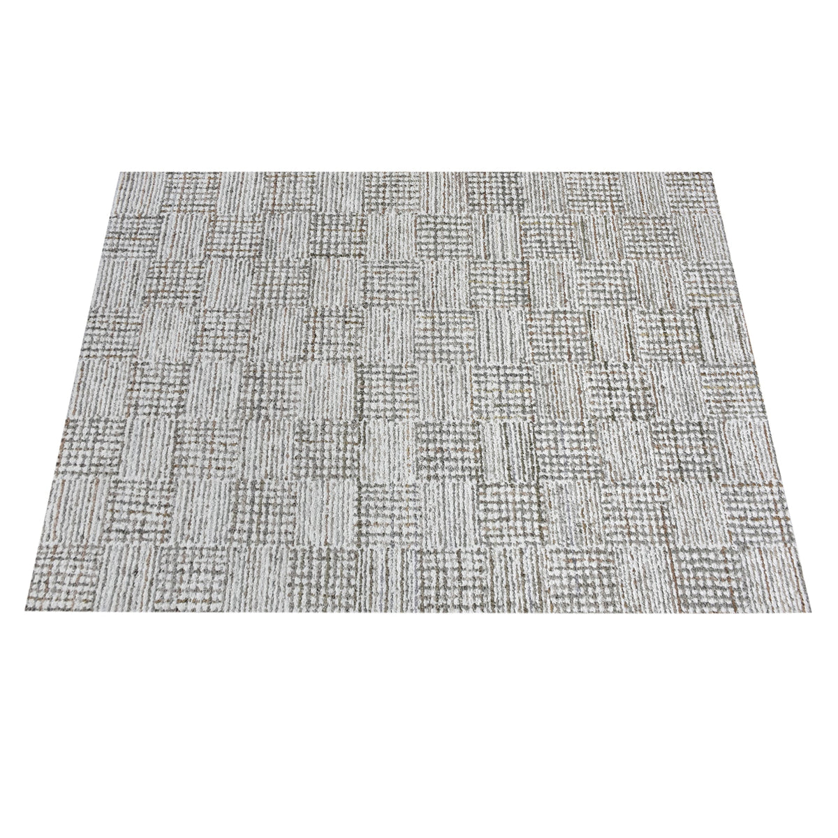 Tweed hand-tufted denim and cotton rug with fine grey and ivory check, in a bedroom