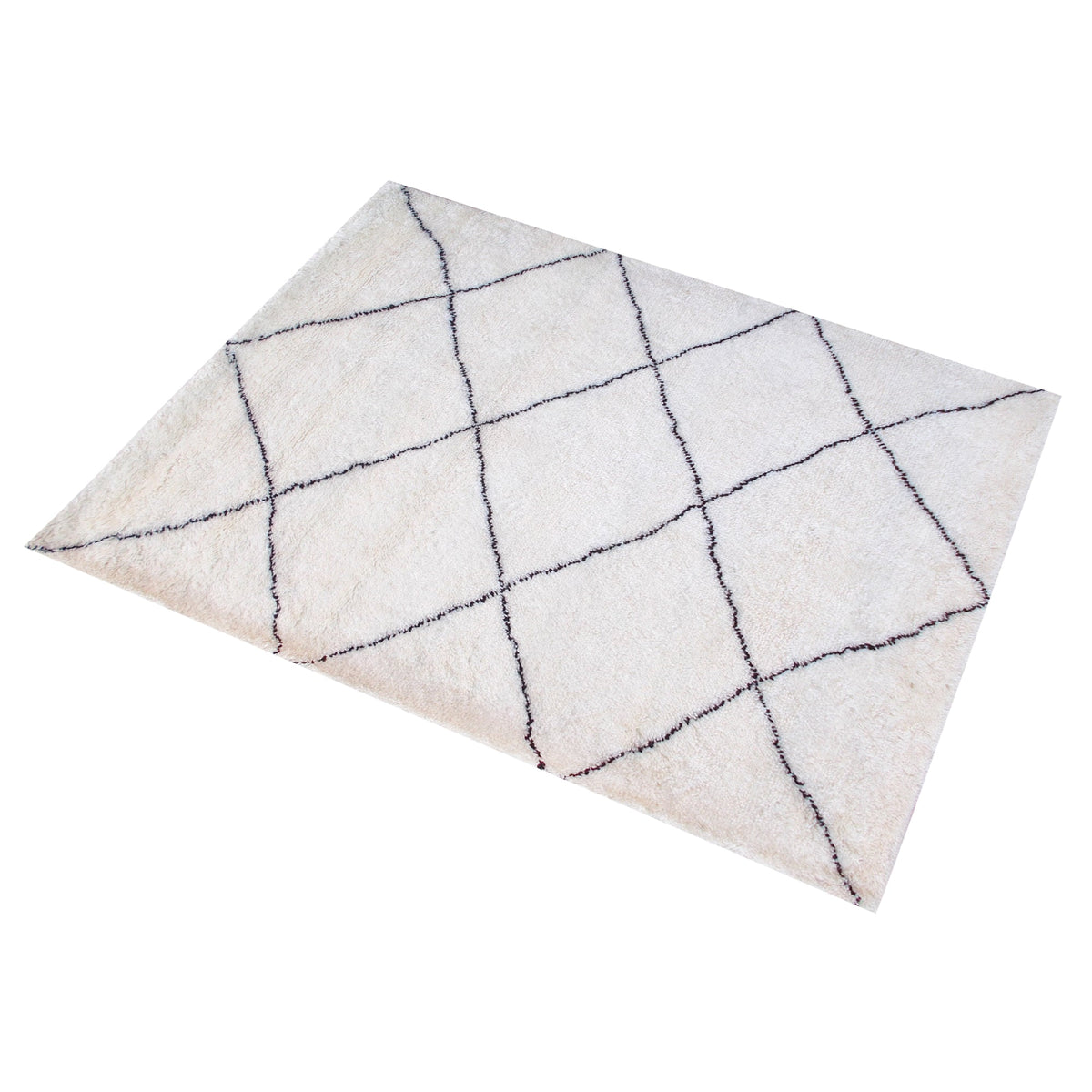 Snowfield handwoven wool rug with fine charcoal diamond lattice on ivory, in a study