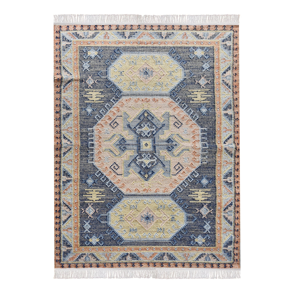Harbour flatweave navy wool and hemp kilim rug with gold and rust medallions, in an entryway