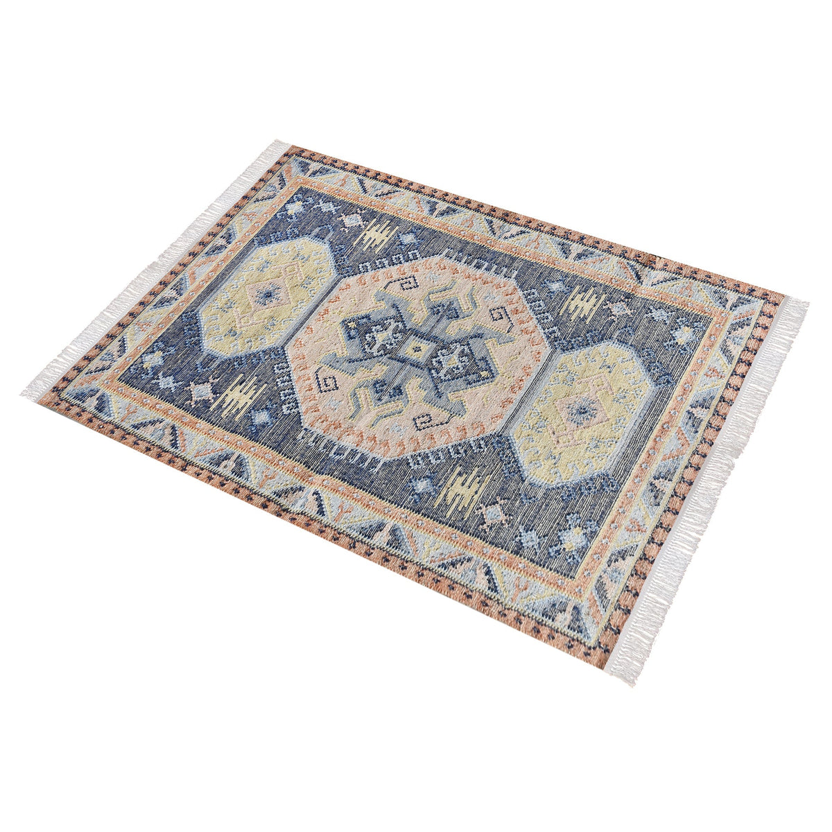 Harbour flatweave navy wool and hemp kilim rug with gold and rust medallions, in an entryway