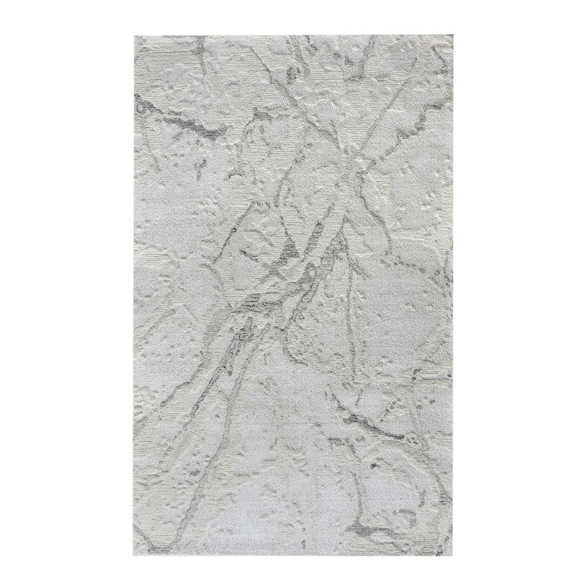 Daali handwoven wool and viscose rug with grey carved branch lines on ivory, in a bedroom
