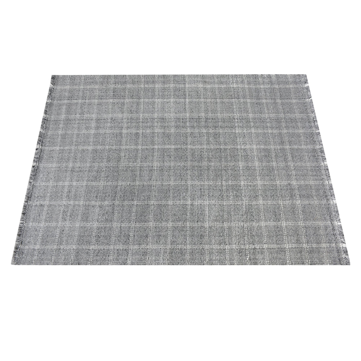 Pavilion handwoven slate grey and ivory recycled PET rug with a window-pane check, on a patio