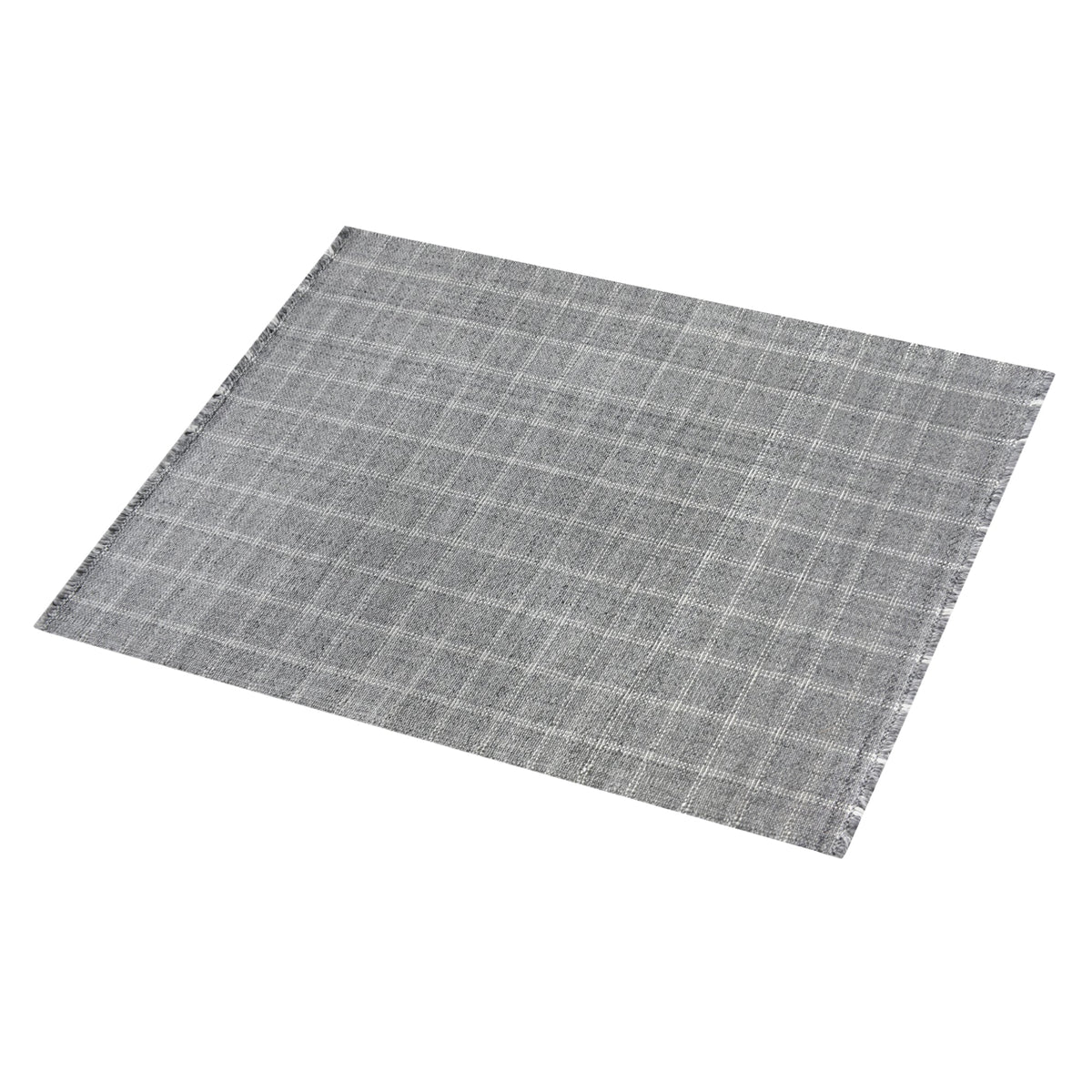 Pavilion handwoven slate grey and ivory recycled PET rug with a window-pane check, on a patio