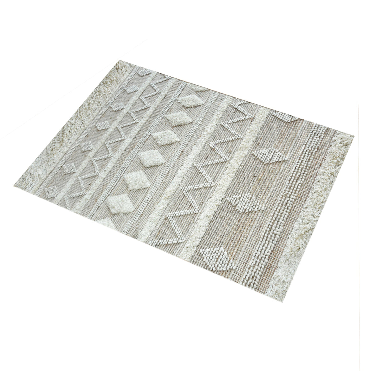 Barley handwoven hemp and wool rug with raised ivory diamonds on cream, in a living room