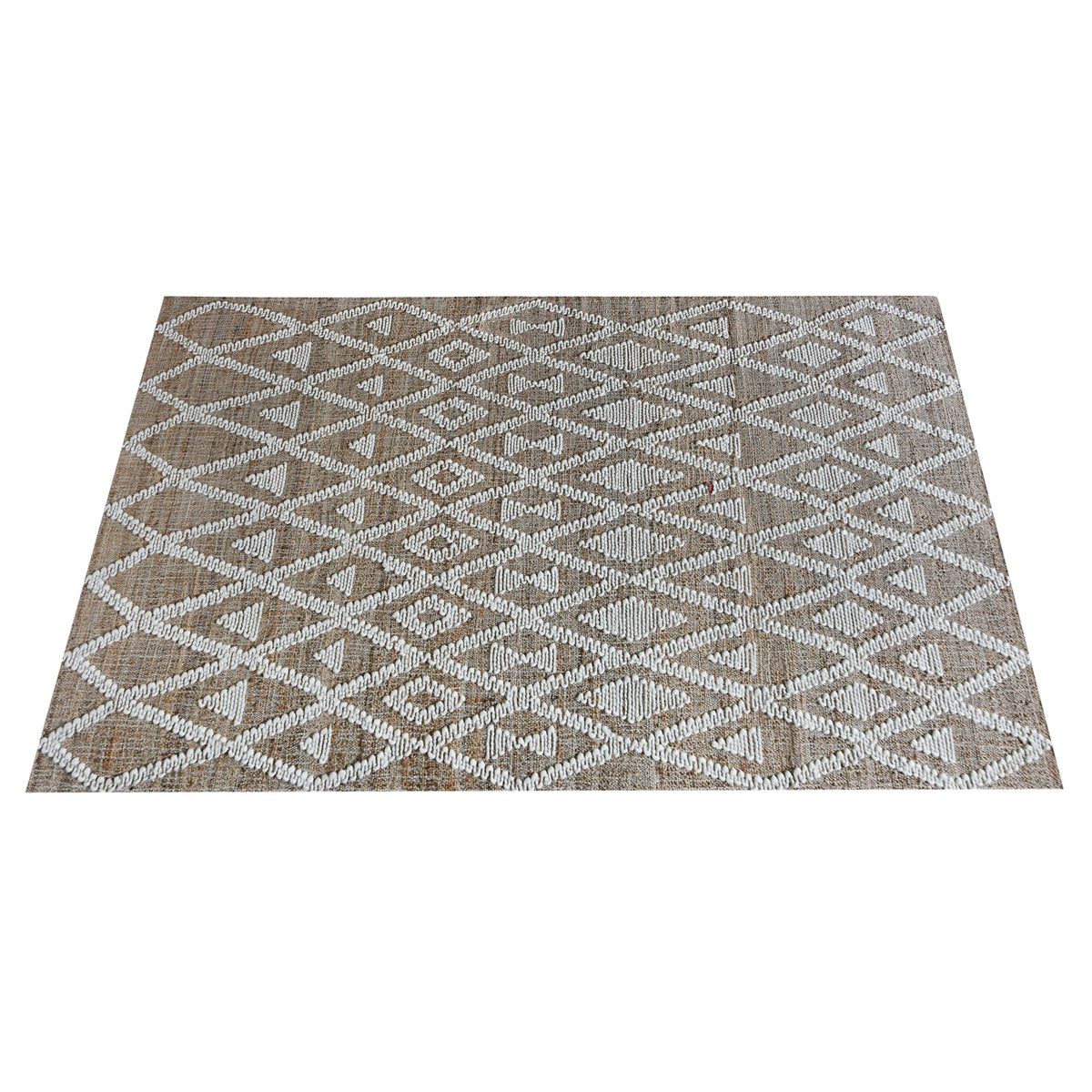 Thistle flatweave jute and wool rug with ivory tufted diamonds on taupe, in a living room