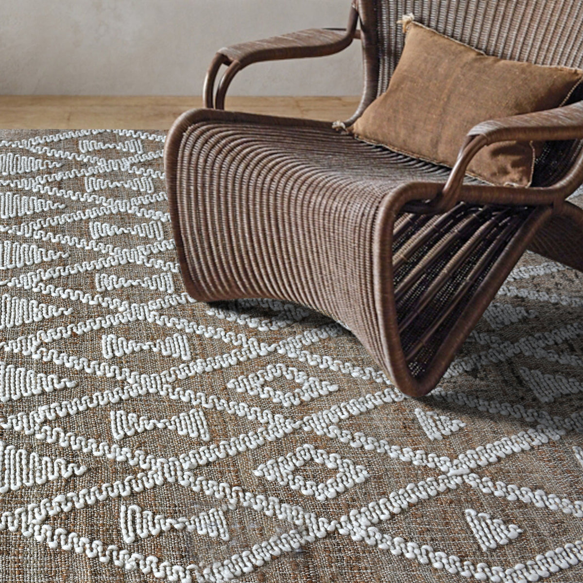 Thistle flatweave jute and wool rug with ivory tufted diamonds on taupe, in a living room