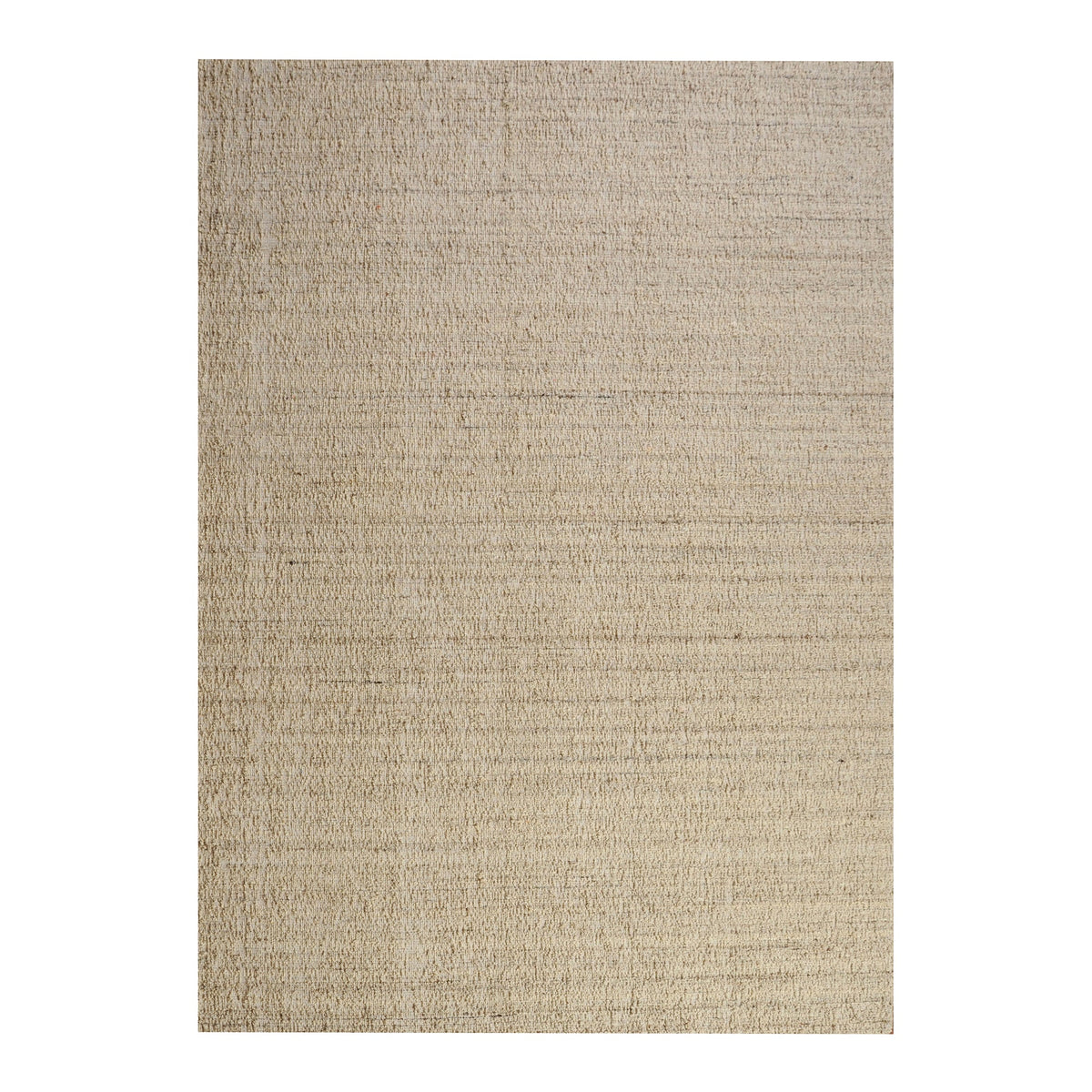 Saada handwoven flat wool rug in solid stone beige with charcoal, in a living room