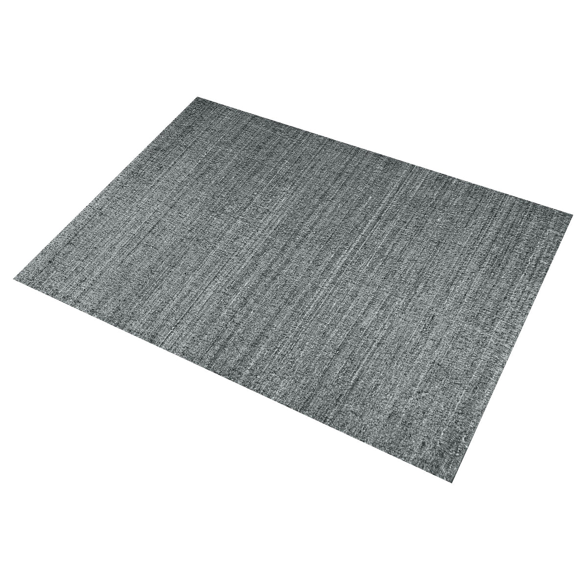 Saada handwoven flat wool rug in solid stone beige with charcoal, in a living room