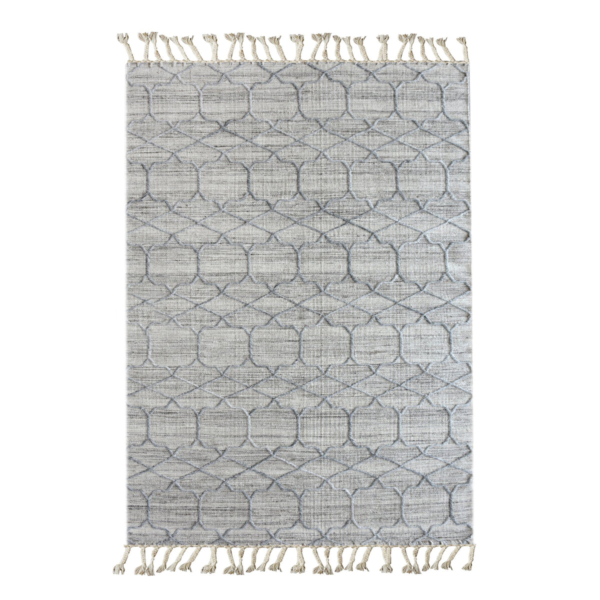 Bel handwoven wool and viscose rug with grey trellis lines on light grey, in a living room