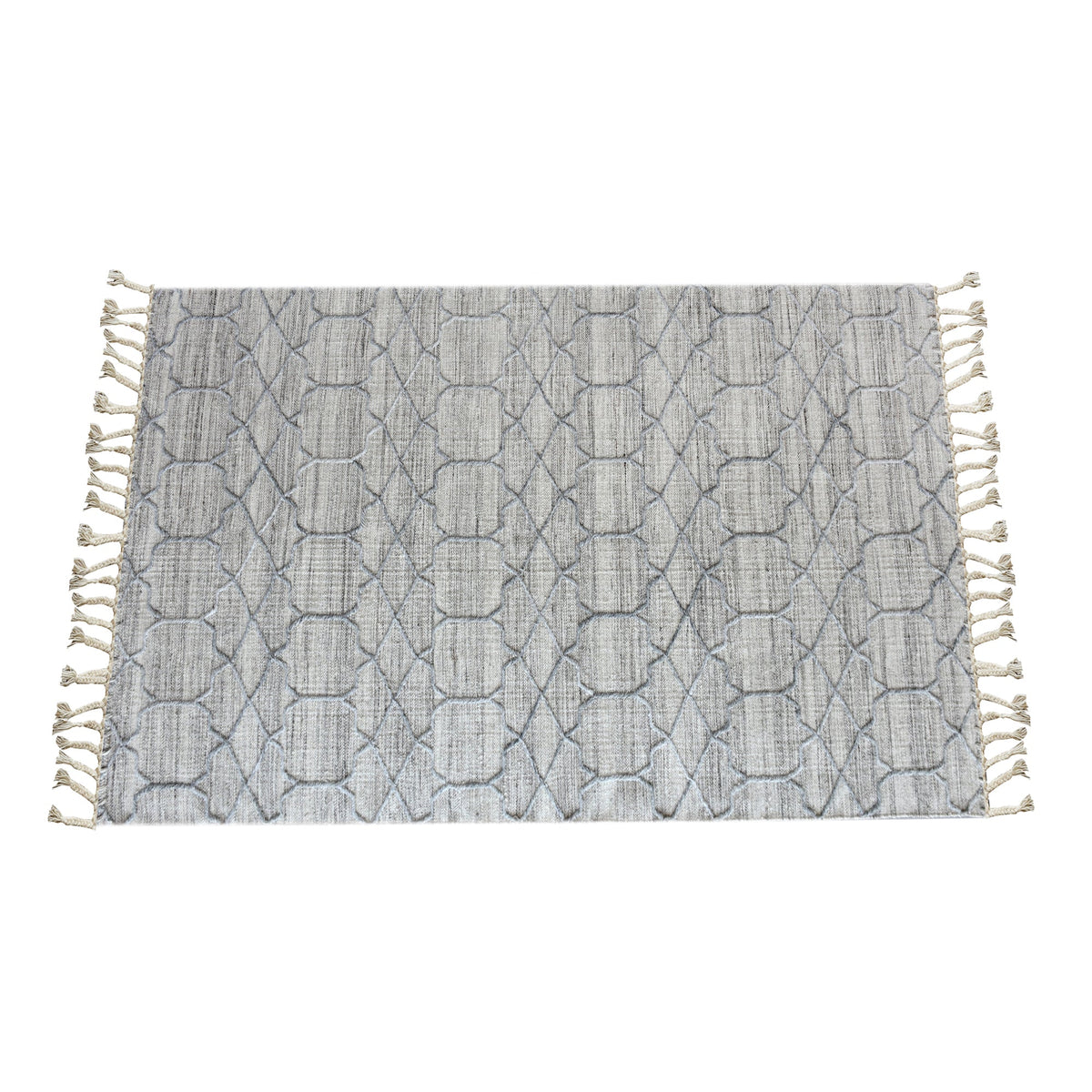 Bel handwoven wool and viscose rug with grey trellis lines on light grey, in a living room
