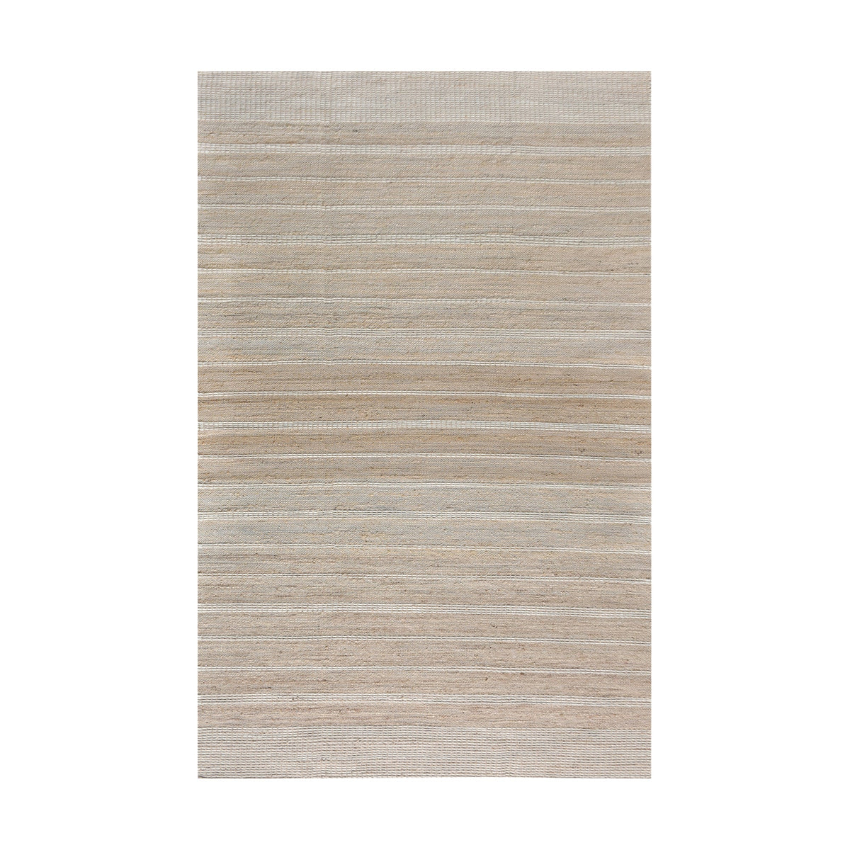 Taar handwoven wool and jute rug with fine vertical ribs in bleached natural and ivory, in a bedroom