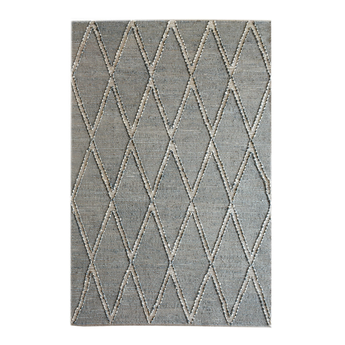 Thyme handwoven hemp rug with an ivory diamond lattice on sage grey, in a dining room