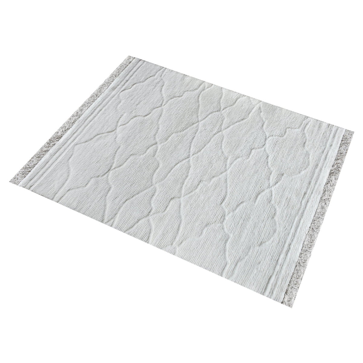 Kangan tufted wool rug with a tonal carved Moroccan lattice in bone ivory, in a bedroom