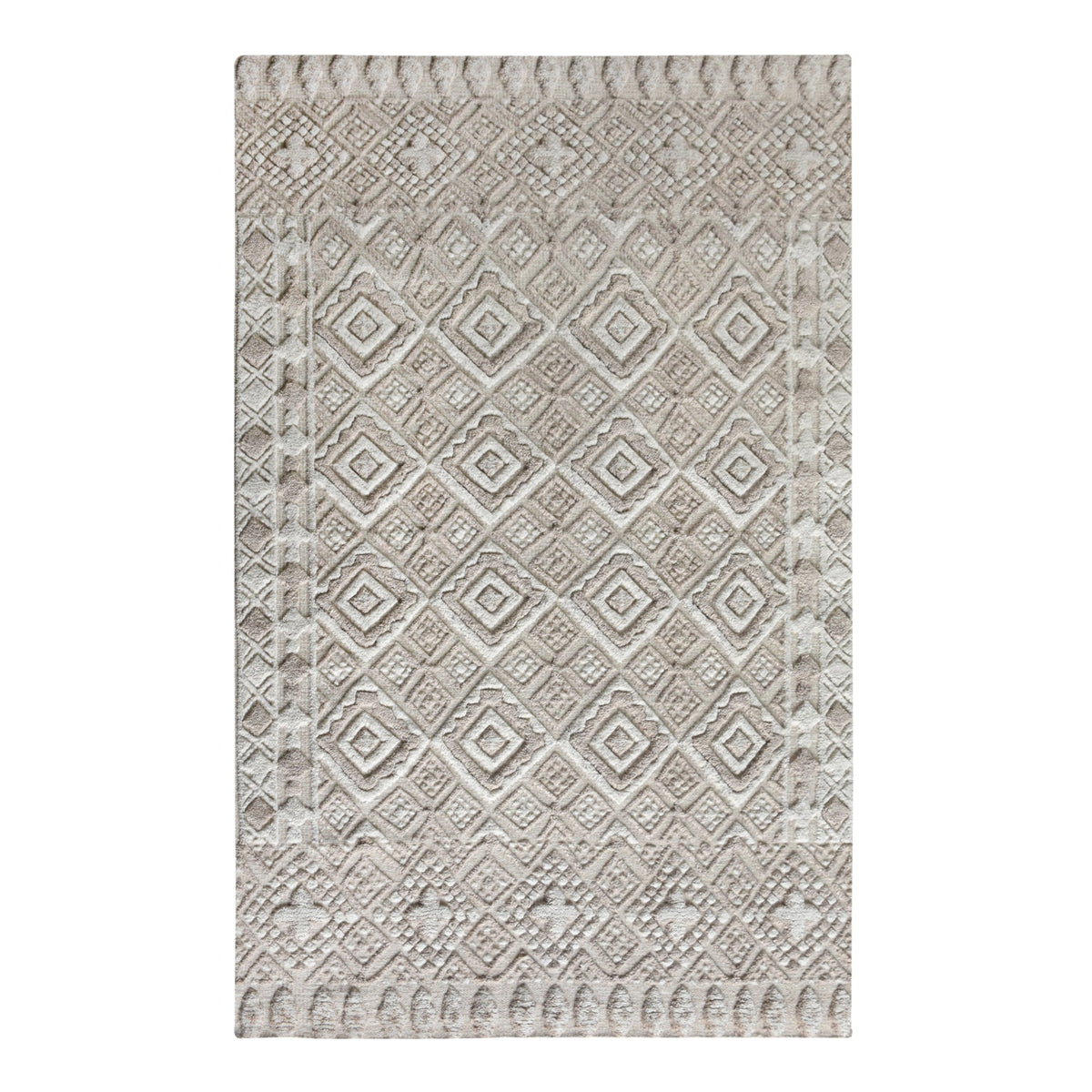 Malai hand-knotted ivory wool rug with a raised diamond lattice, under a dining table