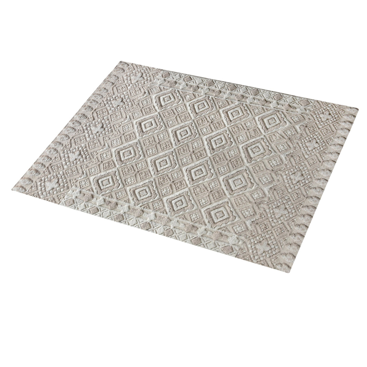 Malai hand-knotted ivory wool rug with a raised diamond lattice, under a dining table