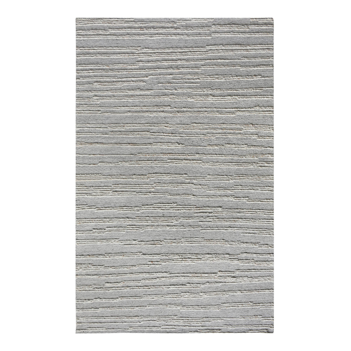 Surma hand-knotted wool rug in slate grey with raised ivory vertical stripes, in a living room