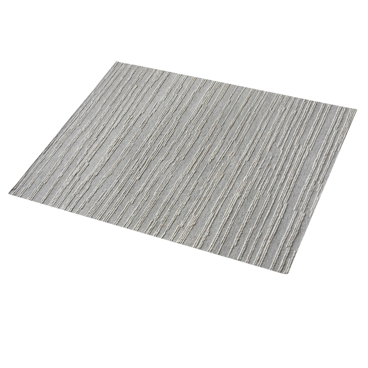 Surma hand-knotted wool rug in slate grey with raised ivory vertical stripes, in a living room