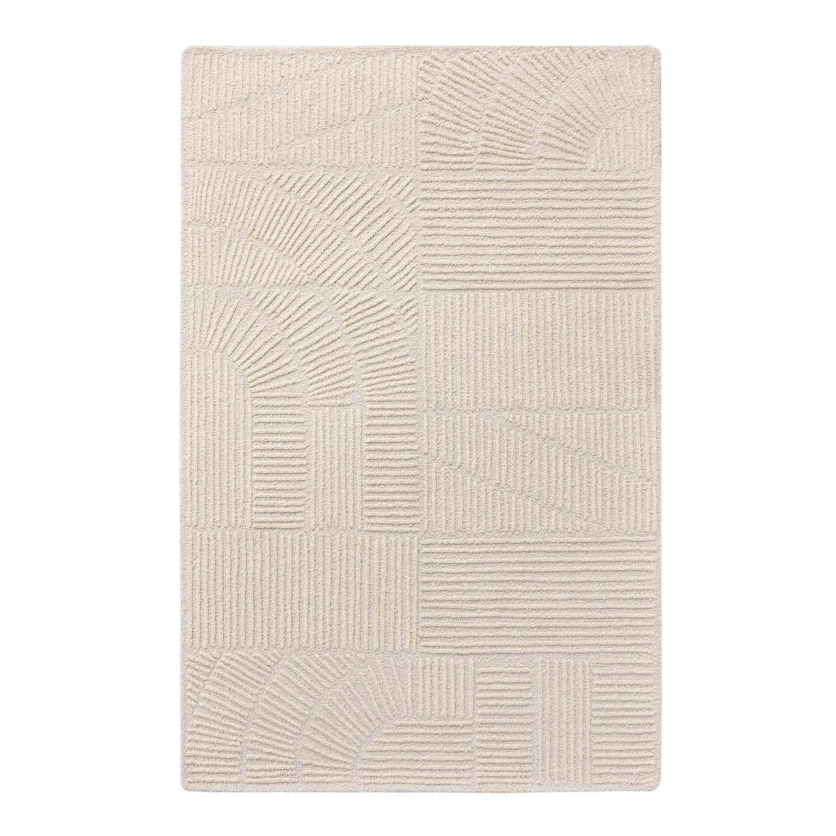 Kona handwoven cream wool rug with fine carved linear geometry, in a bedroom