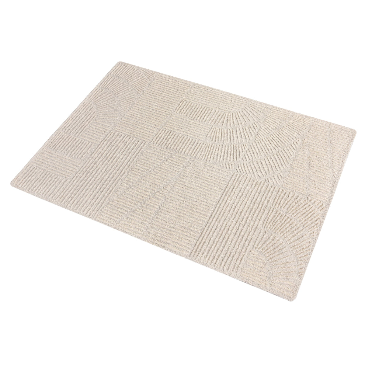 Kona handwoven cream wool rug with fine carved linear geometry, in a bedroom