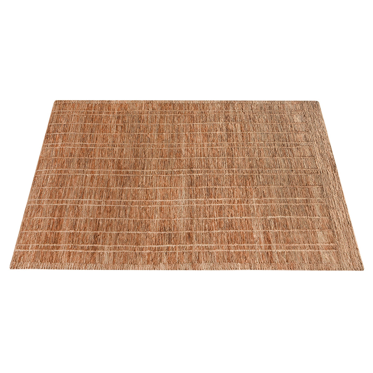 Geru hand-knotted jute rug in burnt sienna and tan with a rustic high pile, in a living room