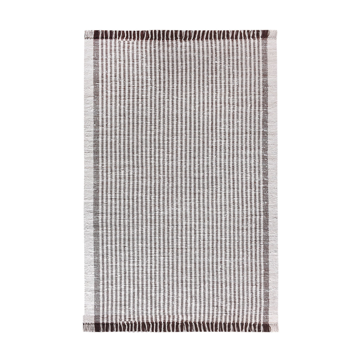 Dari handwoven recycled denim and cotton flatweave rug with fine ivory and taupe stripes and fringed ends