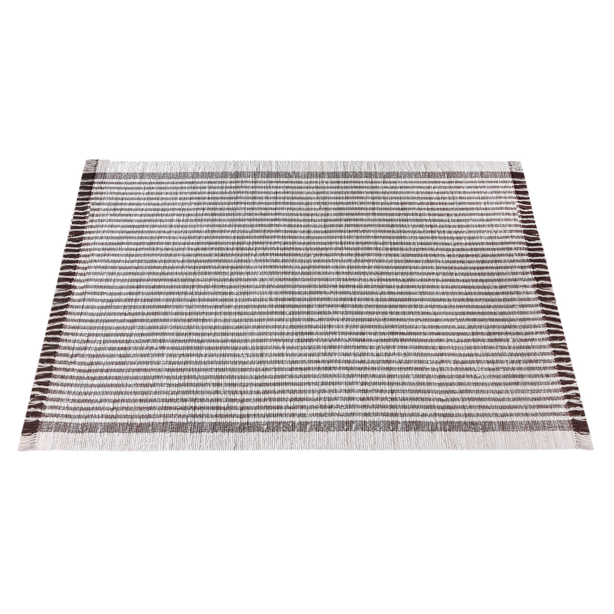 Dari handwoven recycled denim and cotton flatweave rug with fine ivory and taupe stripes and fringed ends