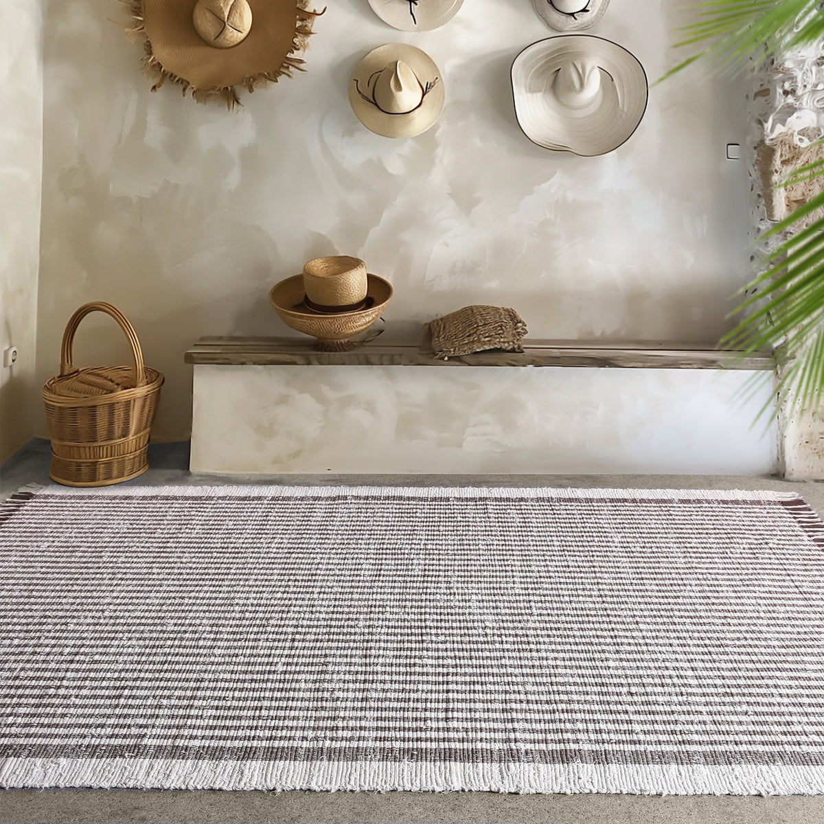 Dari handwoven recycled denim and cotton flatweave rug with fine ivory and taupe stripes and fringed ends