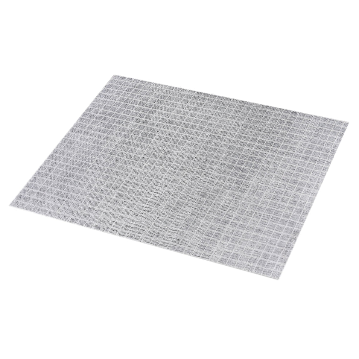 Baramda hand-loomed recycled PET rug with fine white grid lines on pale grey, on a verandah