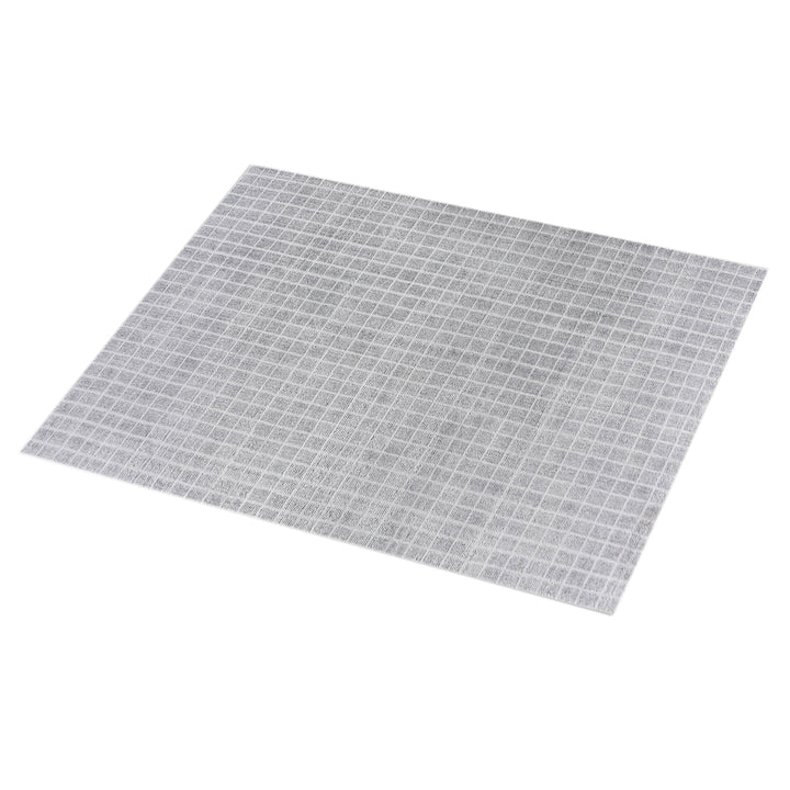 Baramda hand-loomed recycled PET rug with fine white grid lines on pale grey, on a verandah